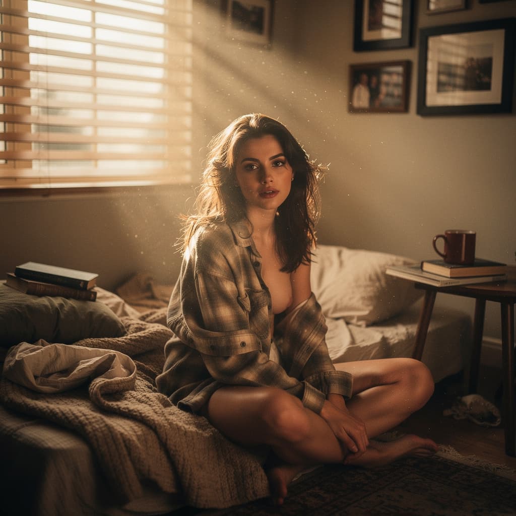 AI generated: A brunette young woman lounges on a rumpled bed in soft morning light, sunlight slicing through half...
