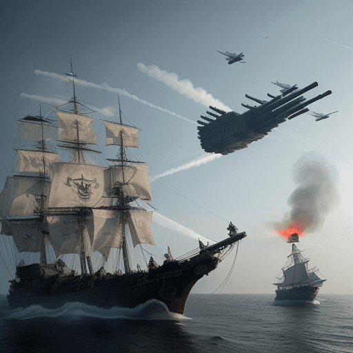 AI generated: A ghost pirate ship flying over Kyiv that is getting shot by Ukrainian Air Defence, photorealistic