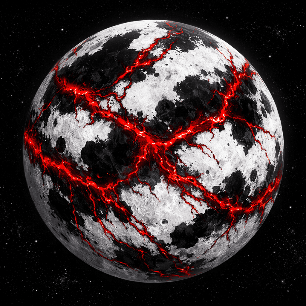AI generated: a white moon with Black patches and rivers of crimson red oil running through it like veins of gold ...