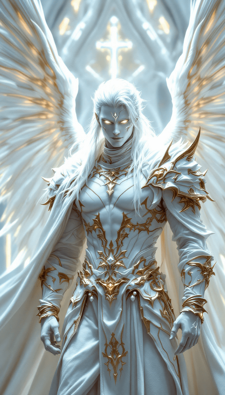 AI generated: all white, white final fantasy, male, mage, priest, white body skin, fantasy big white color full bo...
