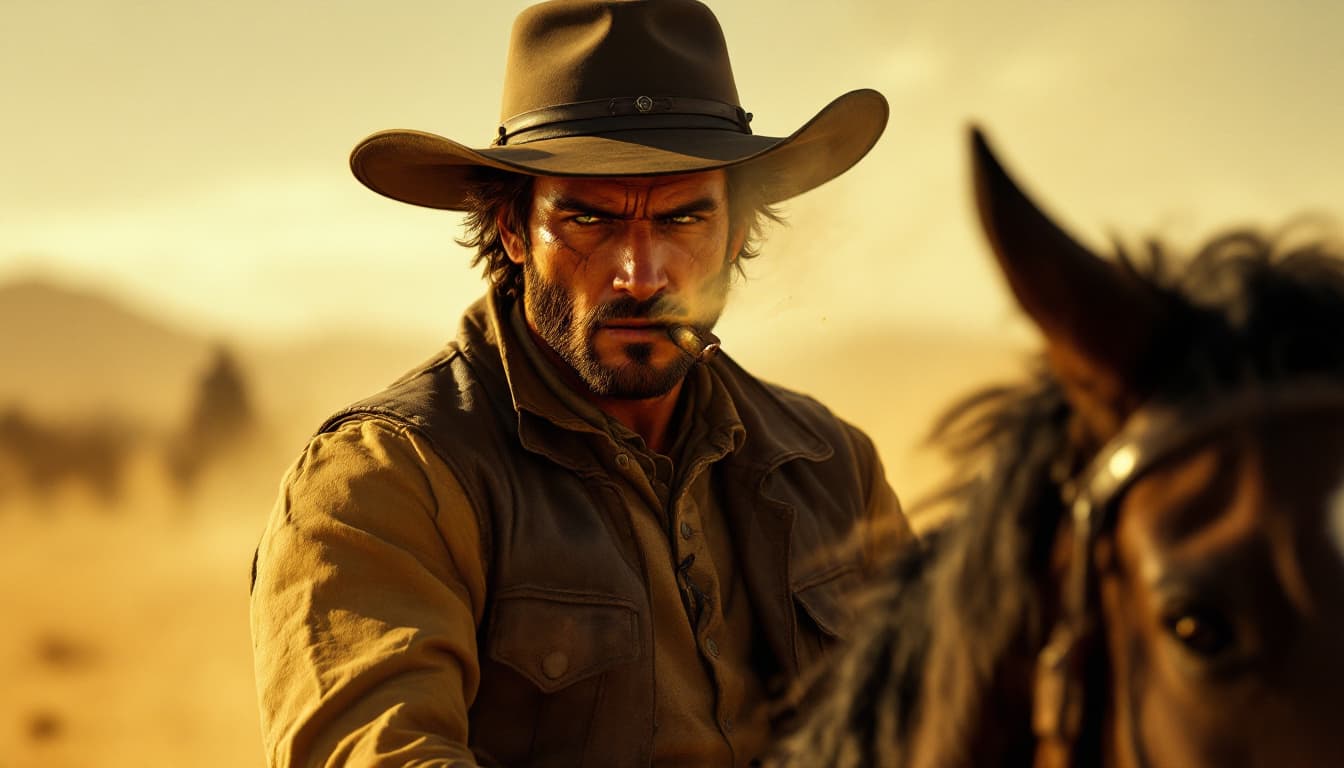 AI generated: george bull, same style, same color, desert , cinematic, dust, grain, burning cigar, leather gilet, ...