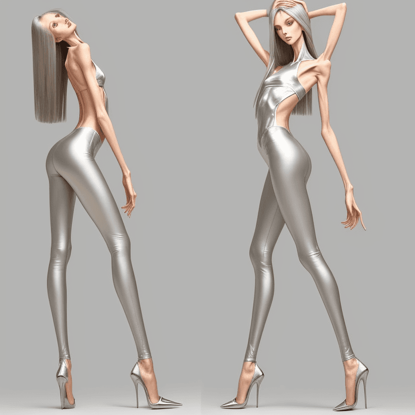 AI generated: photo of an extremely skinny, flat-chested model with extreme long and skinny legs with extreme long...