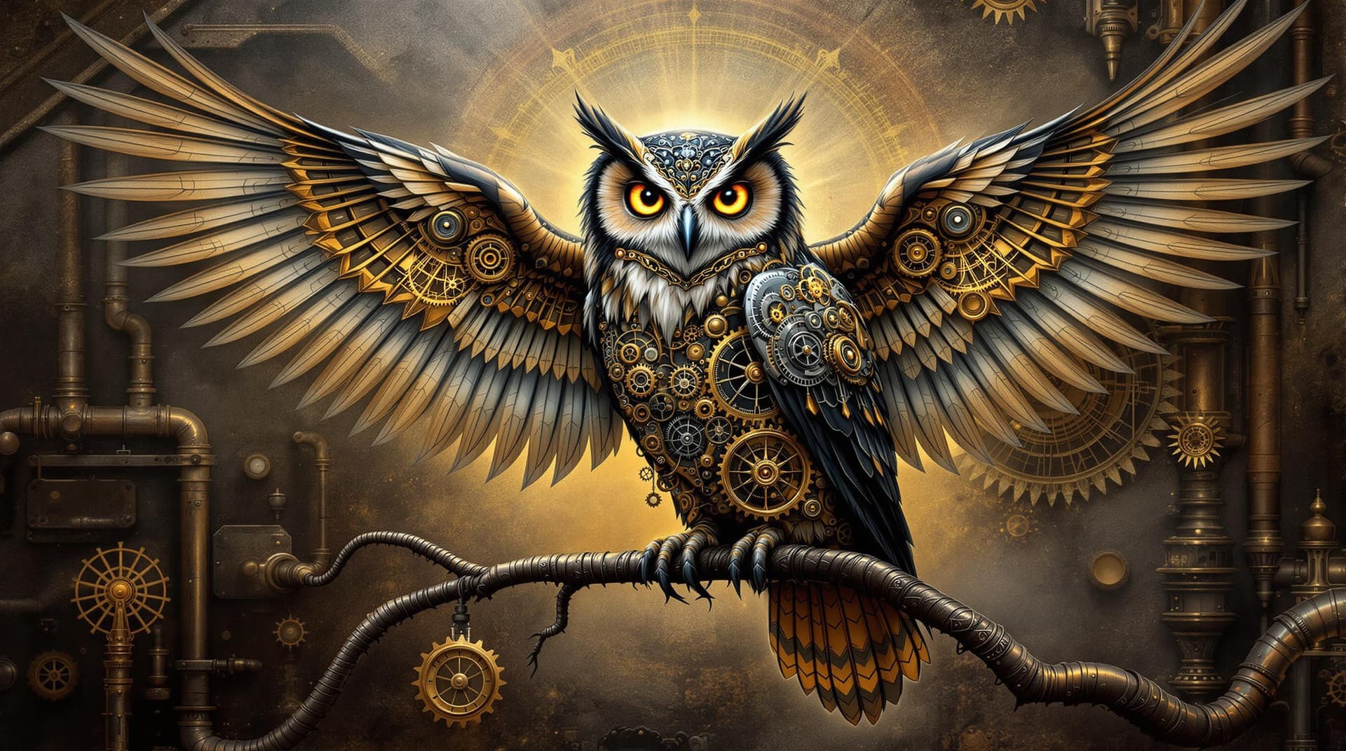 AI generated: "A highly detailed and intricate steampunk owl illustration designed specifically for wall art. The ...