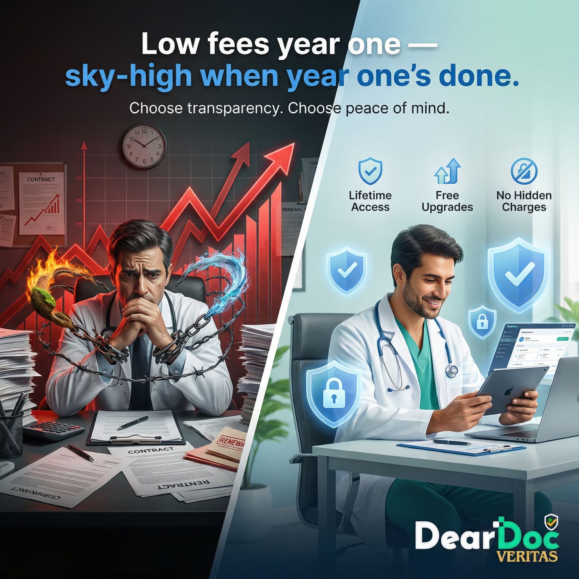 AI generated: Create a professional, high-impact visual illustrating the contrast between an exploitative clinic m...