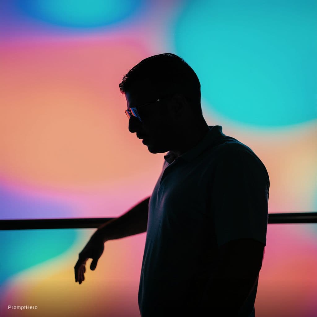 AI generated: photography, portrait. power of contrast, man model profile silhouette of a vibrant randomly color b...
