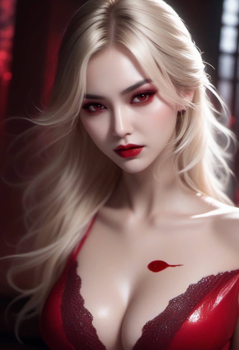 AI generated: wlop style, a sexy vampire wearing a red bikini, (stained with blood:1.1), (staring at the viewer cr...
