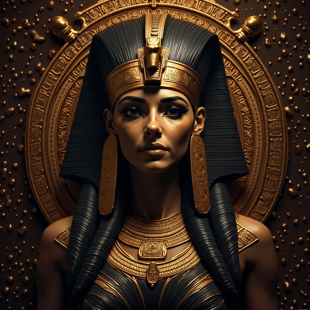 AI generated: ultra wide angle, dark epic background, gorgeous lifelike, golden design, cleopatra, cinematic, insa...