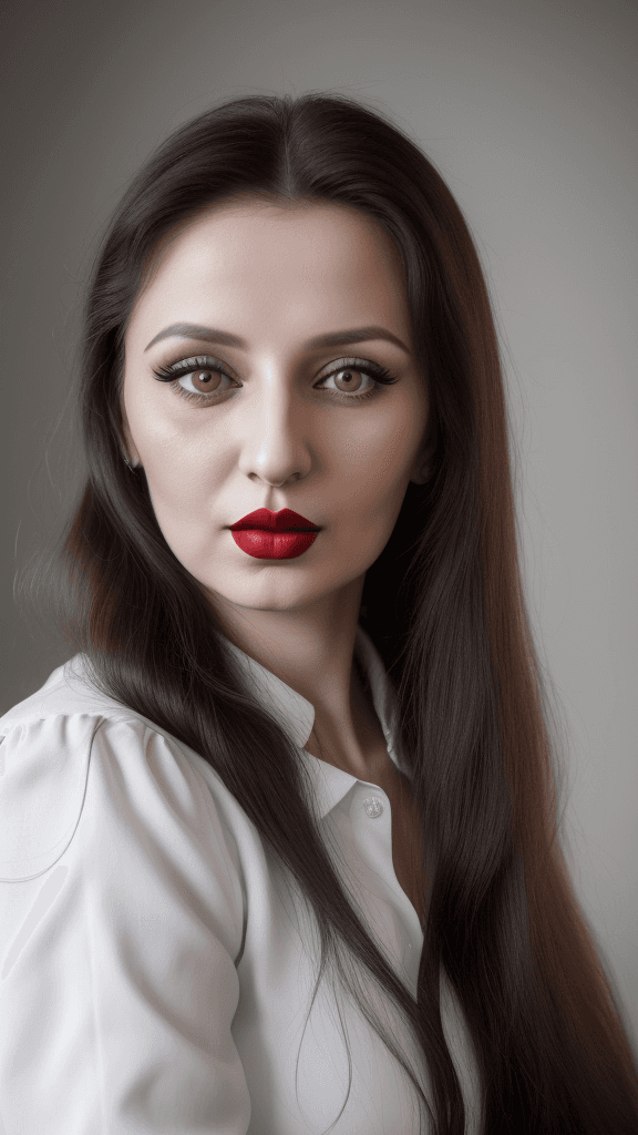 AI generated: arafed woman with long hair and white lipstick posing for a picture, ekaterina, profile image, red l...