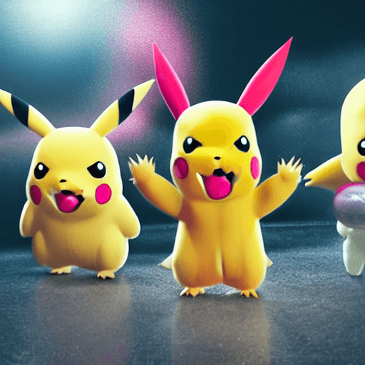 AI generated: three Pikachu facing viewers, one Pikachu is robotic, second Pikachu is made with bubble gum and thi...