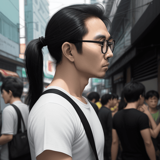 AI generated: photography, side view, upper-body, portray an innocent professional vietnamese man model standing a...