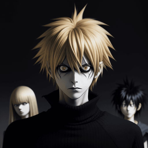 AI generated: Ryuk from death note with long bangs and shoulder-length blond hair stands in the foreground of the ...