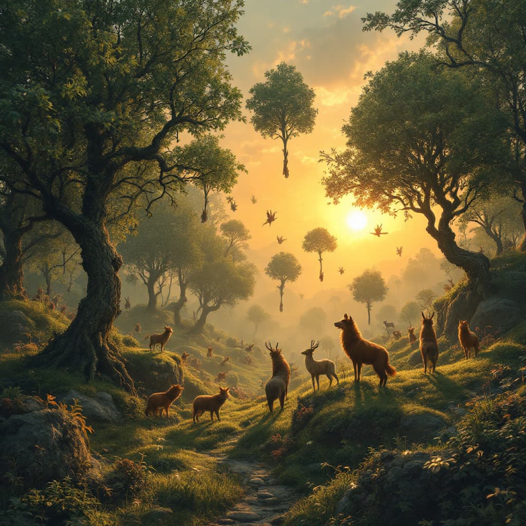 AI generated: A magical realism scene of a forest at sunrise. The trees are floating in the air and the animals ar...