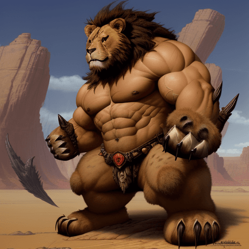 AI generated: In the style of a Frank Frazetta painting, desert plateau predator cross between a bear & a lion wit...