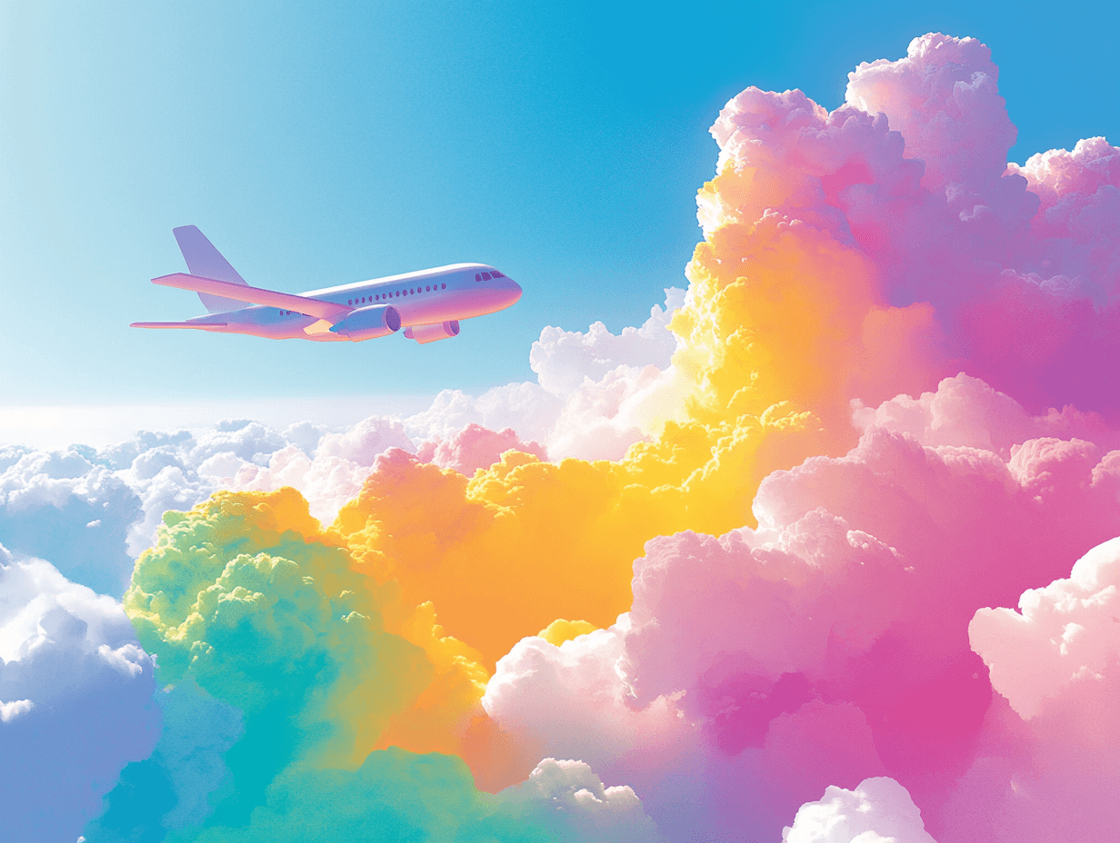 AI generated: Cartoon painting, a small cartoon paper cut airplane flying in light blue sky, light blue proportion...