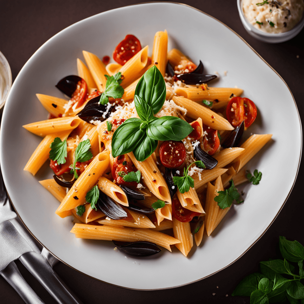AI generated: Capture a close-up shot of a mouth-watering beautifully arranged Penne alla Norma, exuding tempting ...