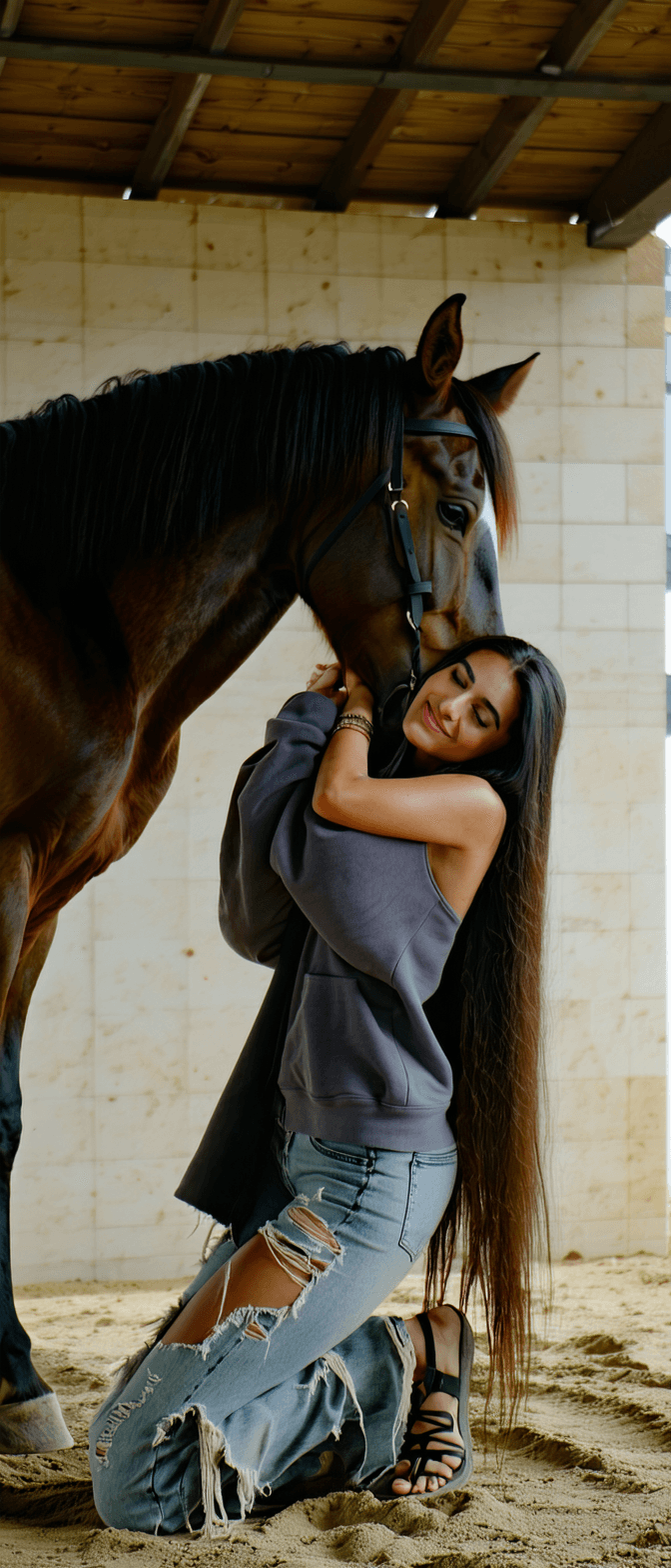 AI generated: full body view of a beautiful and cute Indian girl hugging a horse that is on top of her while kneel...