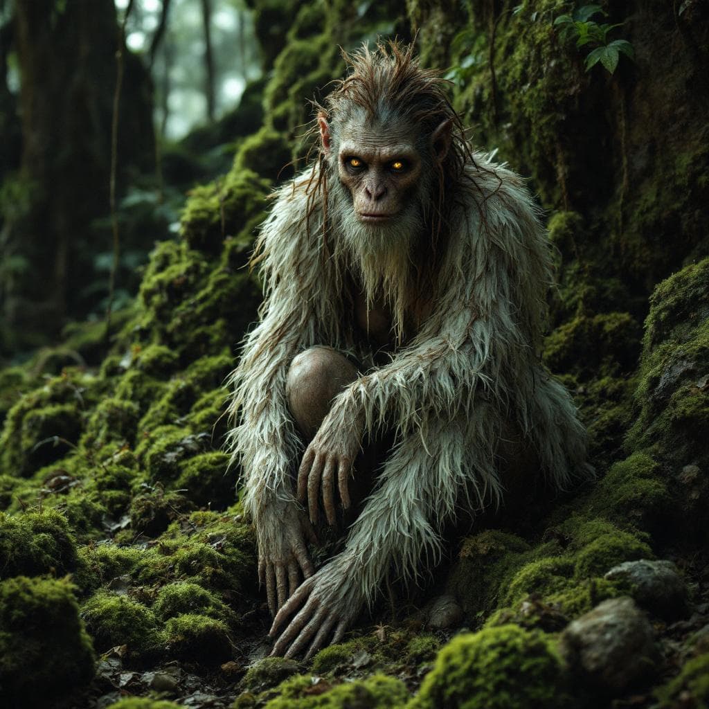 AI generated: hominid female various animal pelts covering her,  crouching on mossy ground surrounded by dripping ...