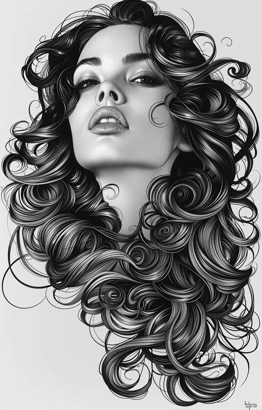 AI generated: black and white illustration in the form of a woman with flowing hair, in the style of martine johan...
