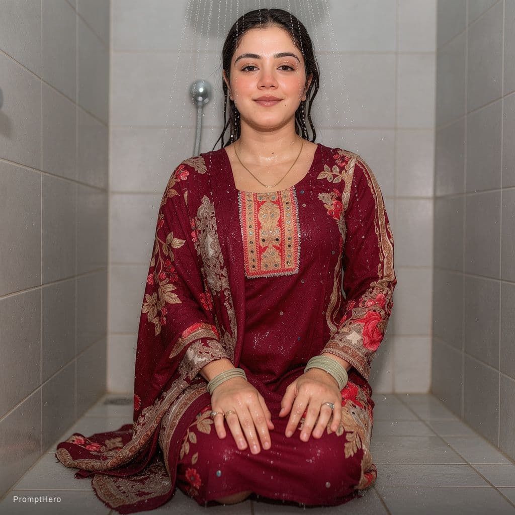 AI generated: The image captures a dynamic and expressive moment in a shower setting. The subject is kneeling on t...