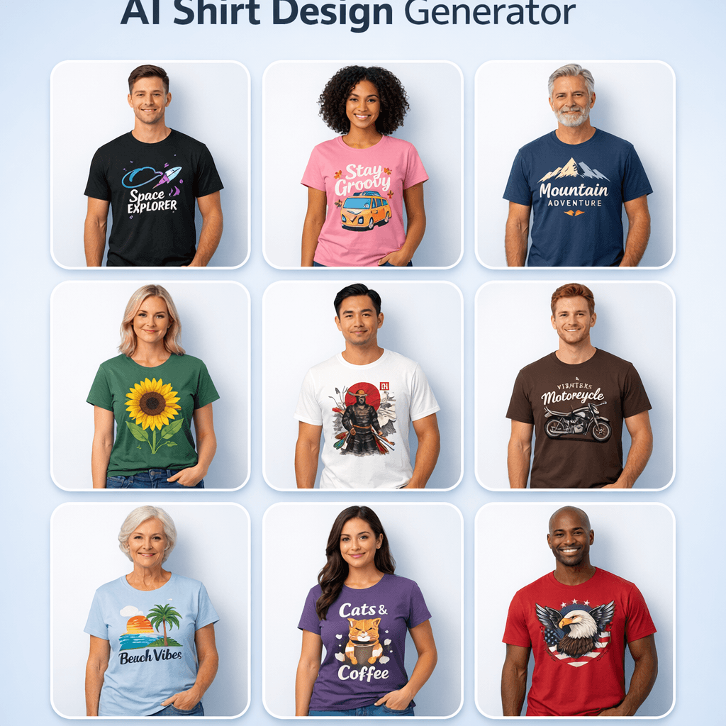 AI generated: Clean SaaS-style thumbnail for an AI Shirt Design Generator tool.
Layout: a neat 3x3 grid of rounded...
