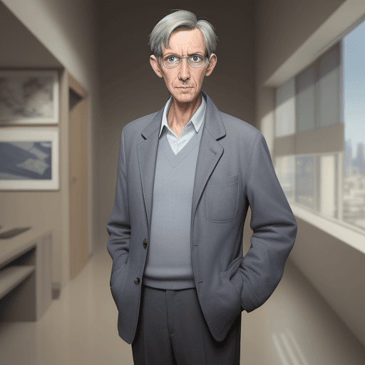 AI generated: Pixar style 70 years old architect professor, thin, blue eyes glasses, gray straight short hair brow...