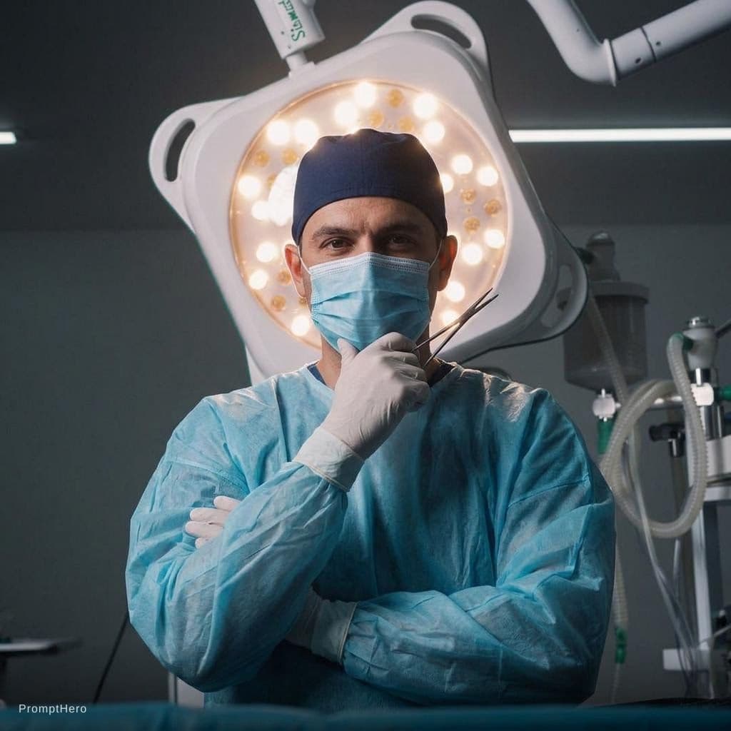 AI generated: A high-quality, professional photograph captures a male surgeon in a operating room, posed directly ...