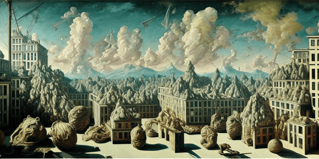 AI generated: oil painting, abstract, rooftop, neo rauch, painting with incomparable reality, intricate details