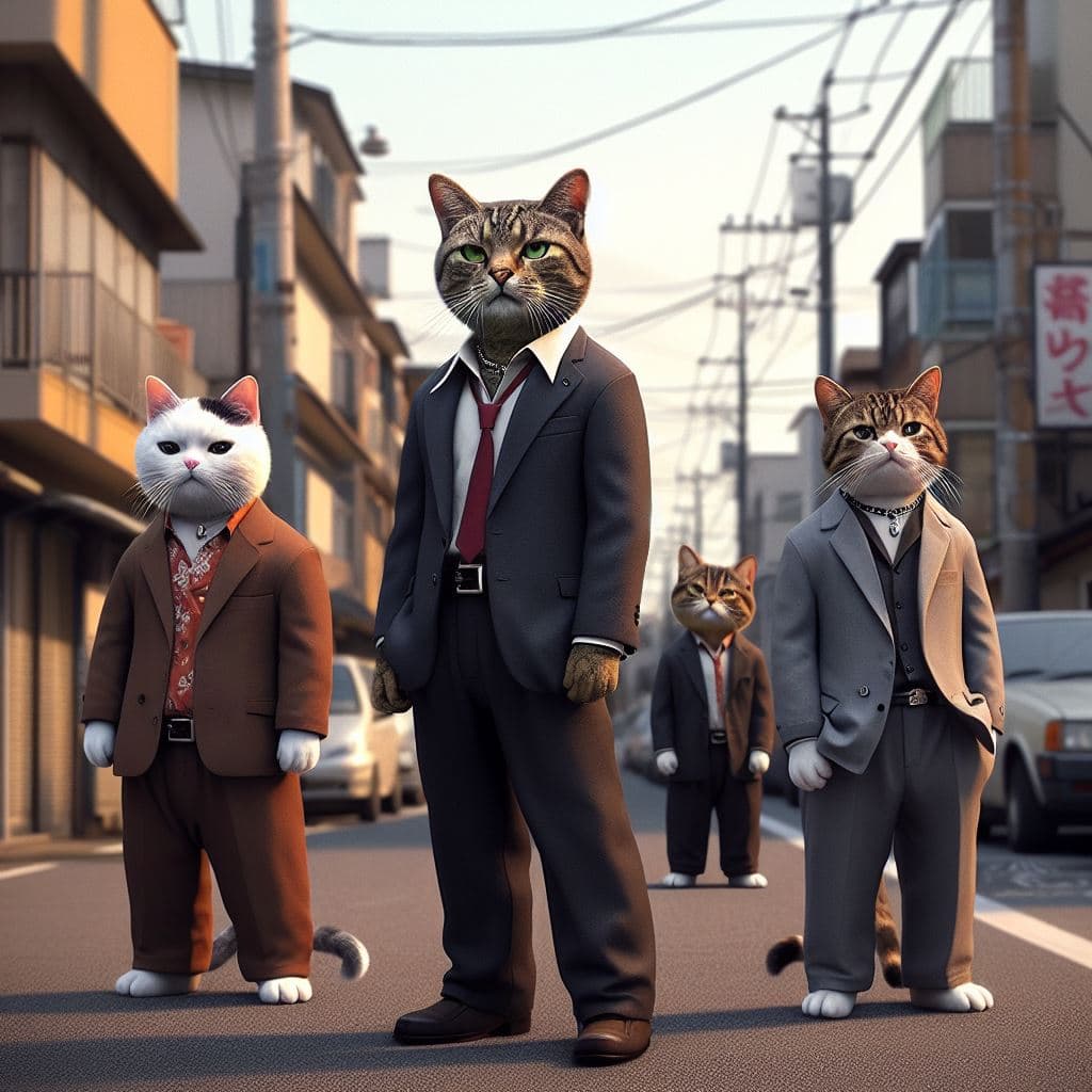 AI generated: Few cats standing on back two feet stylized as yakuza, standing in the street, realistic looking
