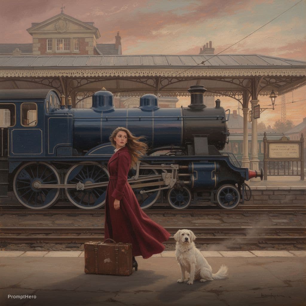 AI generated: Vintage cinematic oil painting, 16:9 composition.

An antique blue steam locomotive stopped at a qui...
