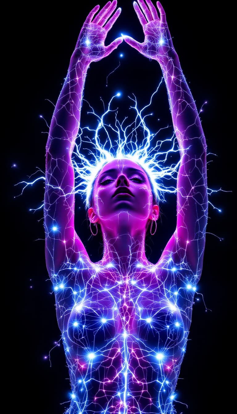 AI generated: A captivating 21 year old woman, extends her hands high above, raising onto her toes, looking straig...