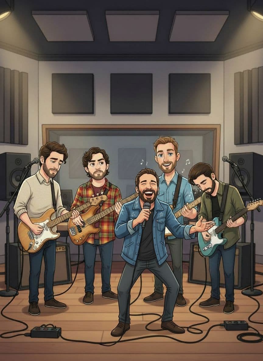AI generated: "Add the new character from the input image to the existing group illustration as the LEAD SINGER.
...