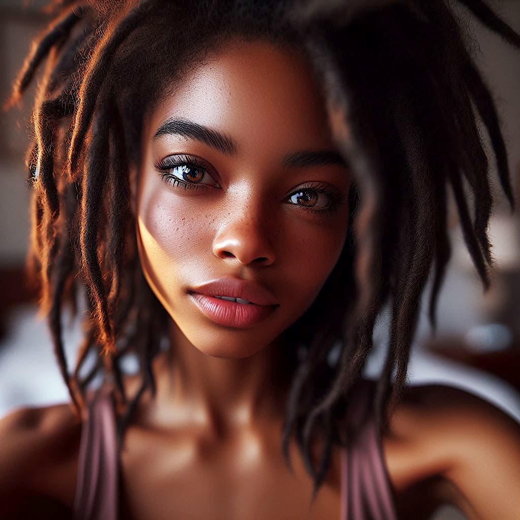 AI generated: hyper realistic waist up selfie portrait of a beautiful african woman with long dark messy hair ((af...