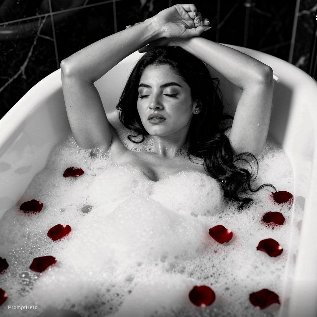 AI generated: A sensual, black and white photograph of a woman reclining in a luxurious bathtub filled with rich, ...