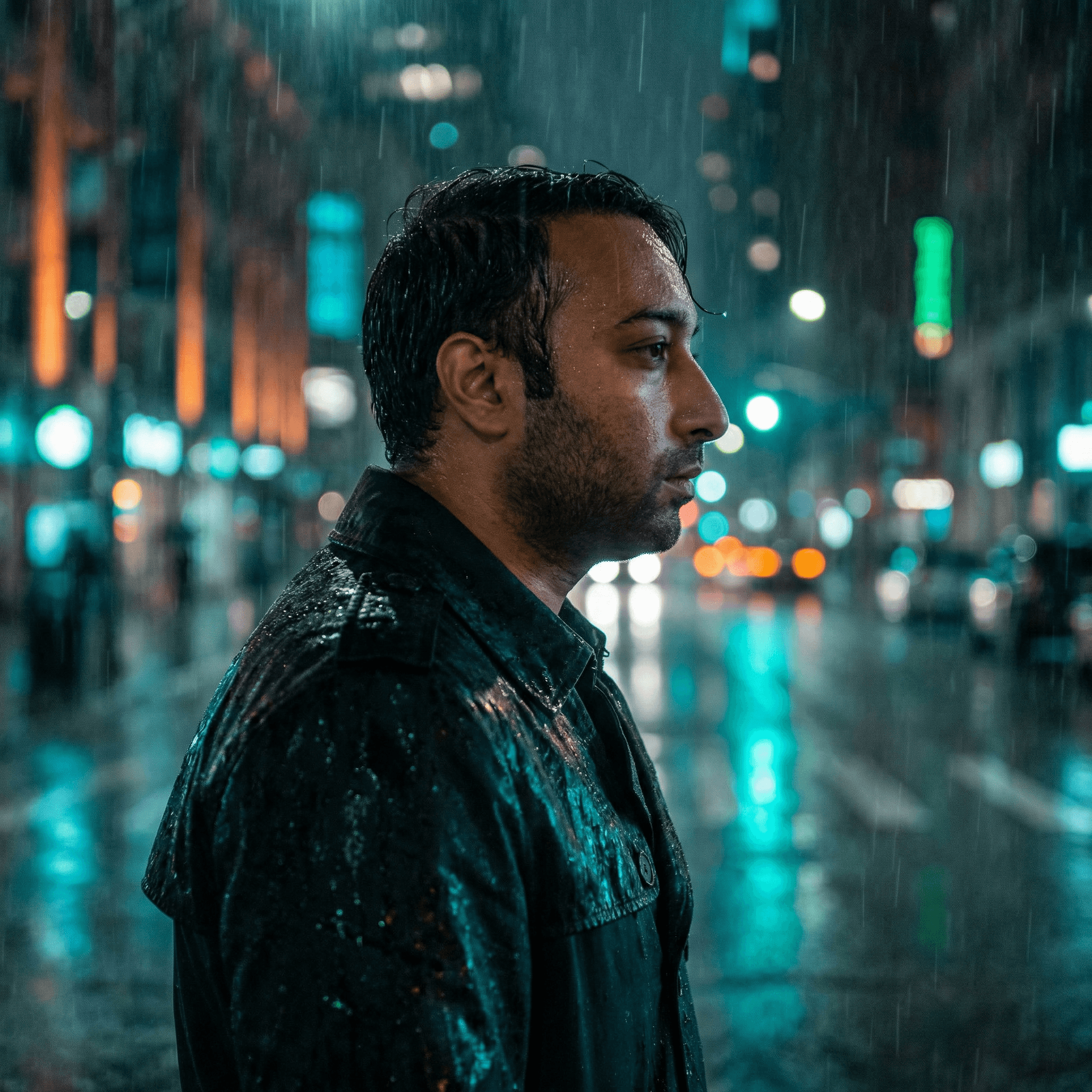 AI generated: A moody, cinematic night scene featuring a young man standing in the rain. He has wet, slicked-back ...