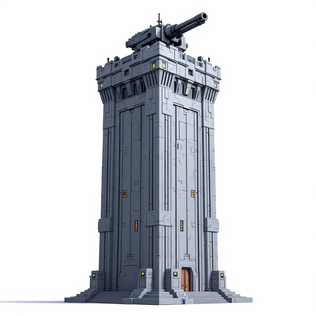 AI generated: Defence Tower,Grey and imposing 2D video game tower, with a cyber futuristic look and big cannon on ...
