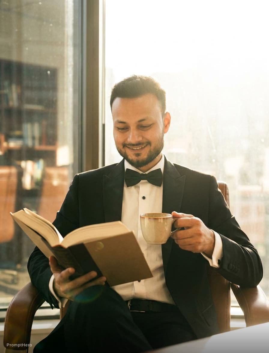 AI generated: Generate a photo of a business man sitting on a chair reading a book in his hand and drinking coffee...