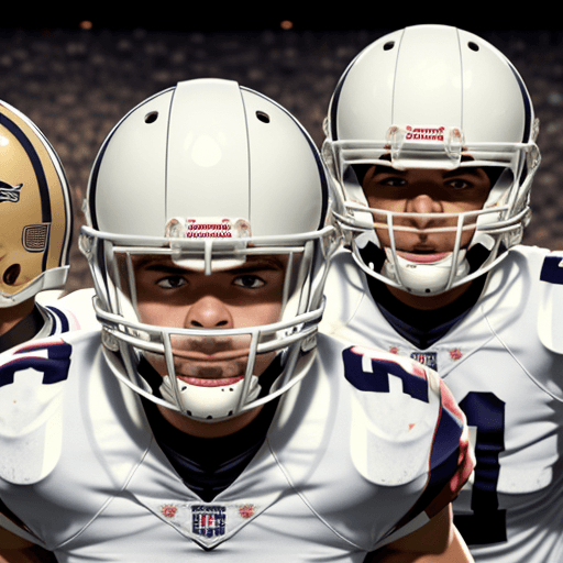 AI generated: panoramic image of American football players, wearing white helmets, looking straight into the camer...
