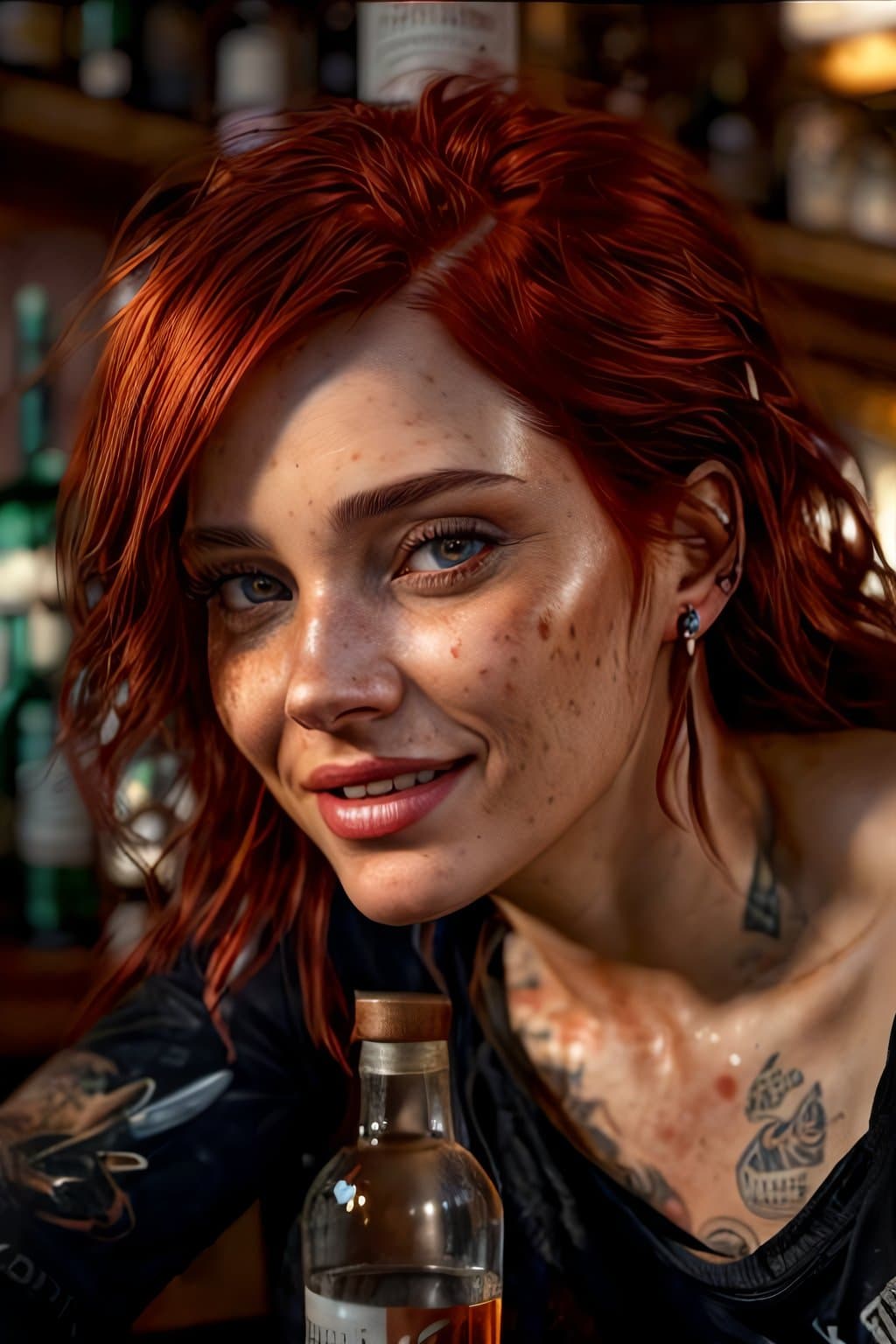 AI generated: a woman with red hair sticking out, She sits and laughs and winks at me, drunk,bar, a realistic grit...