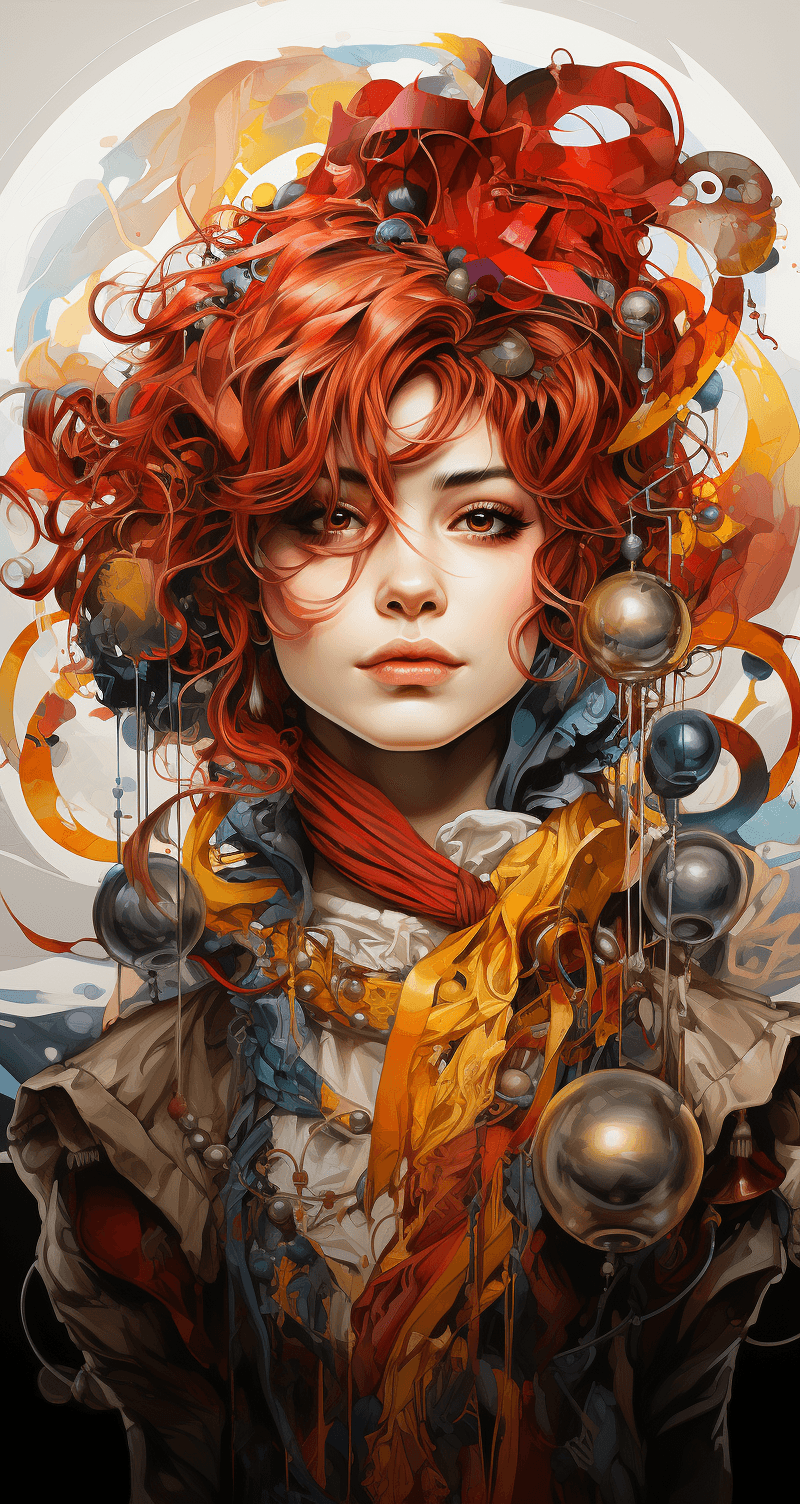 AI generated: a woman dressed as a clown with red hair, in the style of magical girl, colorful moebius, light yell...