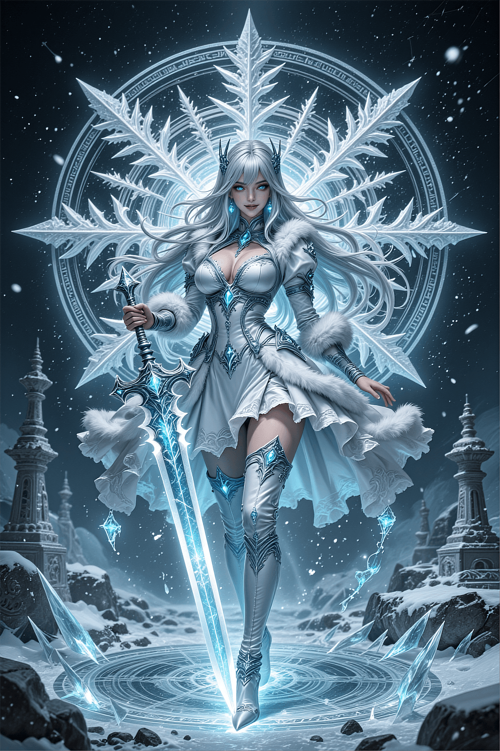 AI generated: A vertical high-fantasy anime masterpiece illustration of a powerful ice mage with long flowing silv...