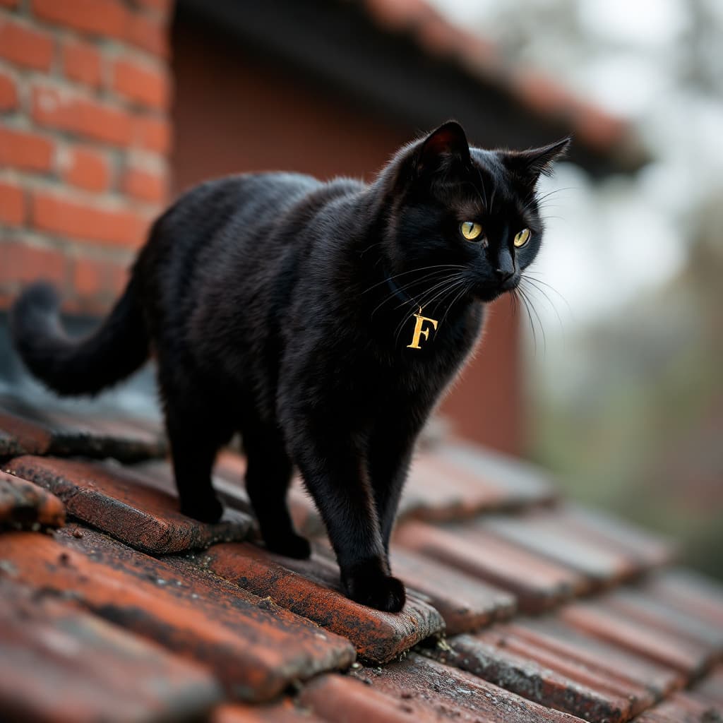 AI generated: /imagine prompt:Black cat, jet black fur, shiny, collared with the initials F, with a regal and comm...