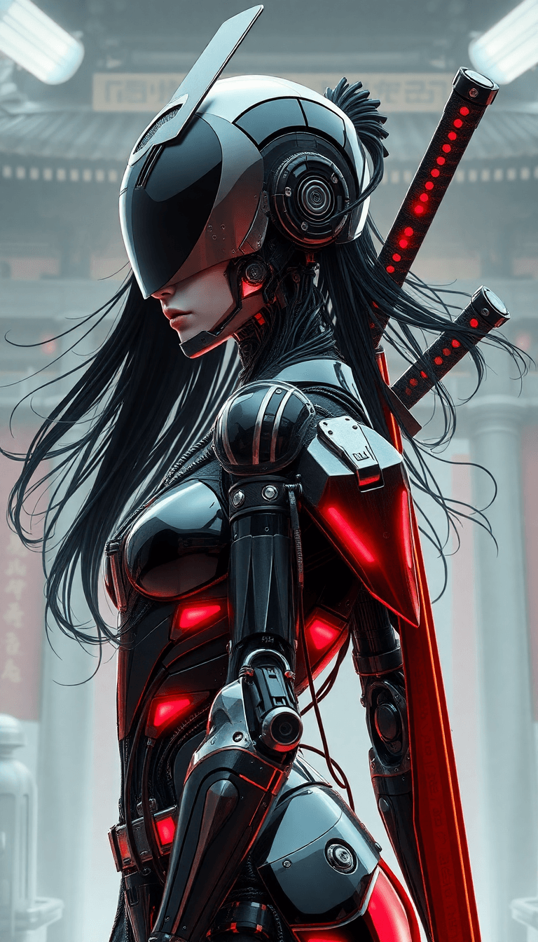 AI generated: in the style of ck-sfc, female cyberpunk robot samurai, robot face with mirrored face shield, hyperd...