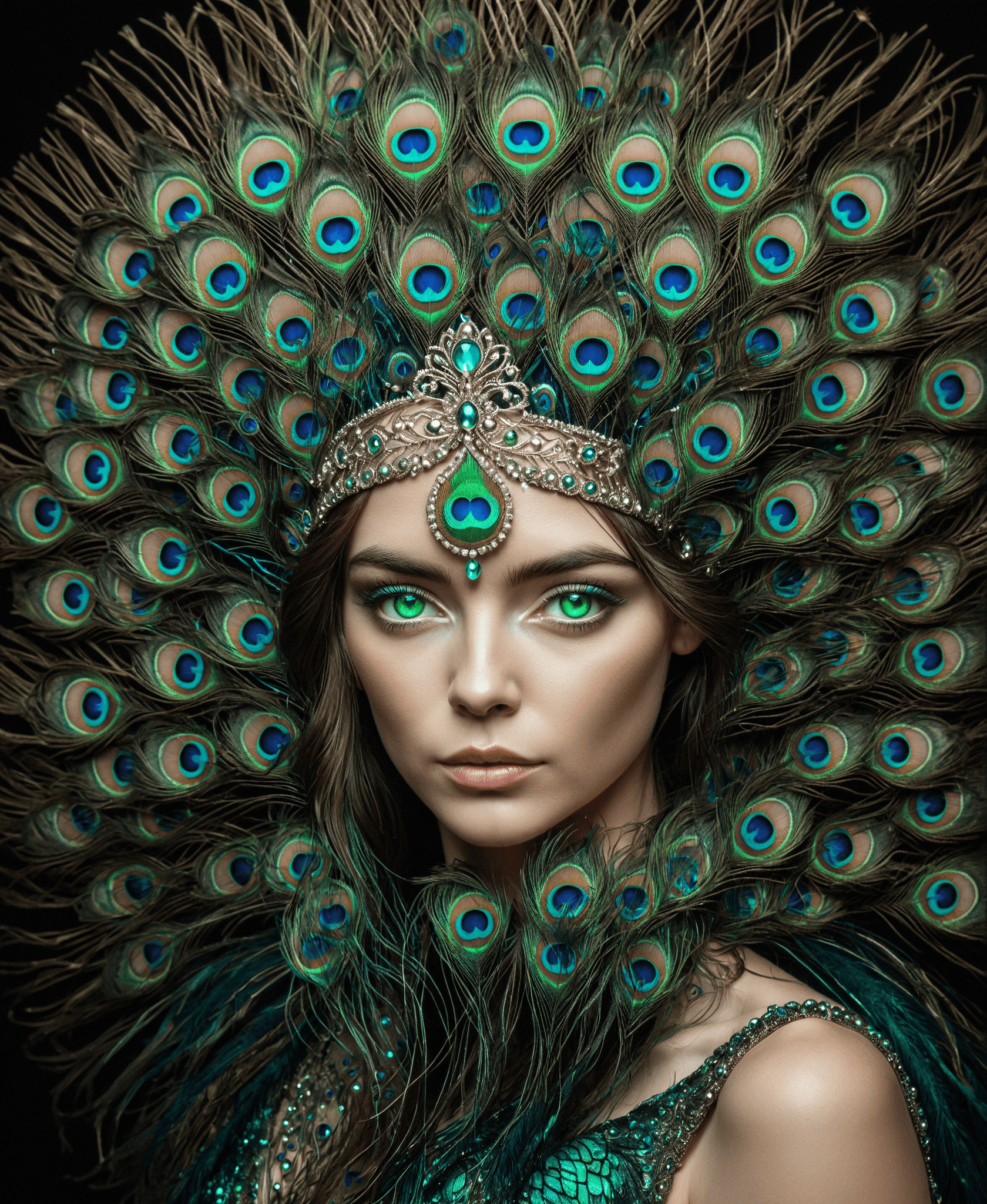 AI generated: <lora:Peacock_World_Morph_XL:1> elegant woman with peacock feather crown, glowing emerald eyes, deta...