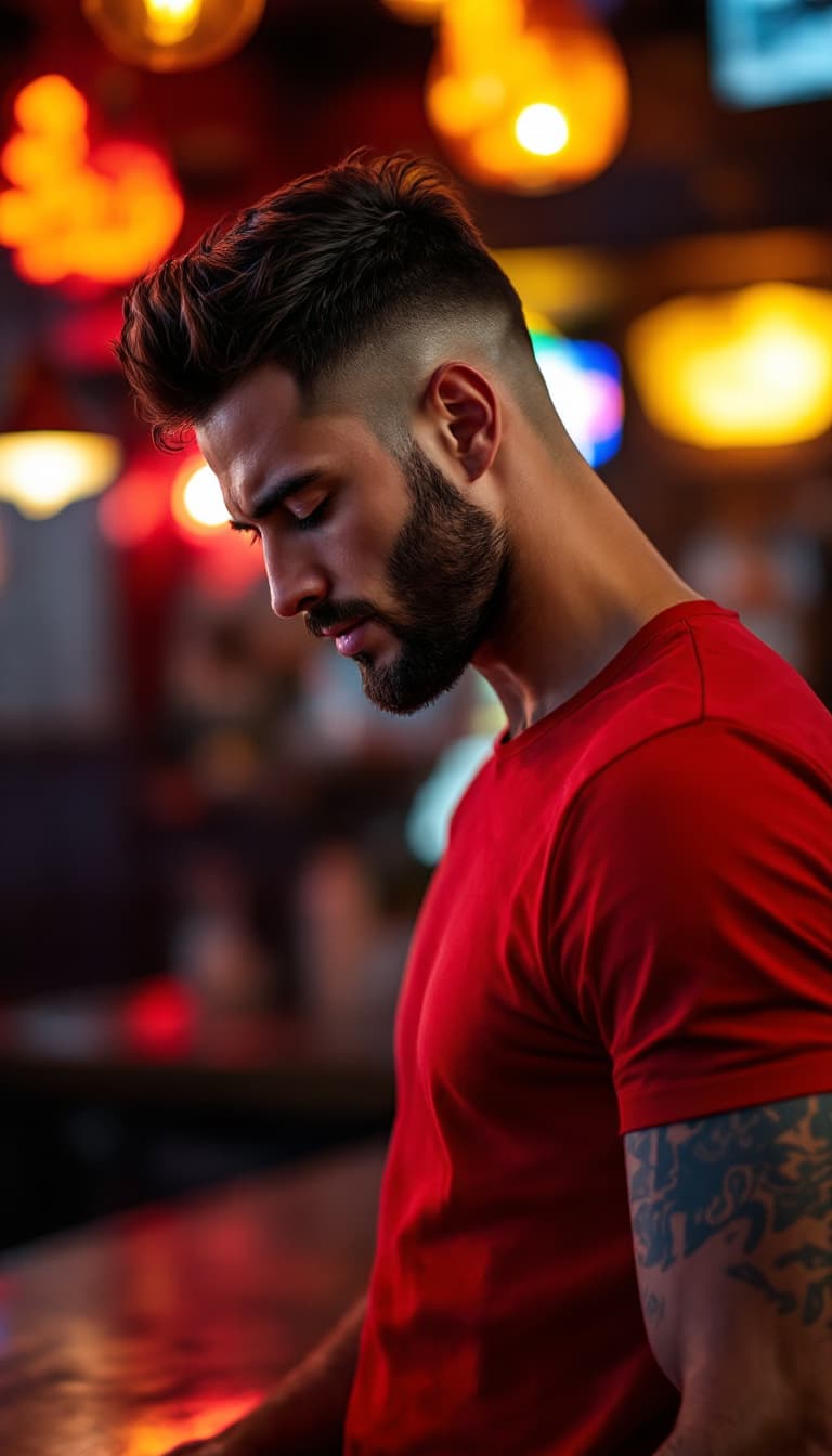 AI generated: Profile photograph of a handsome caucasian man, dark burst-taper hair, short trimmed shaved beard, w...