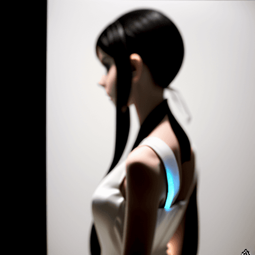 AI generated: A photo realistic girl in a white dress (facing away from the viewer), Black background.