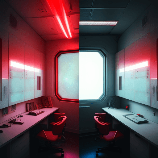 AI generated: spaceship technology lab, galaxy on the window, big red emergency light, emergency, dark room,