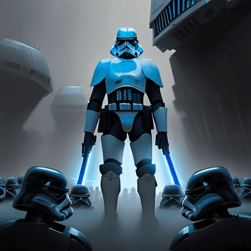 AI generated: by Jakub Rózalski darth vader, incredible beautiful blue light, army of stormtroopers in the backgro...