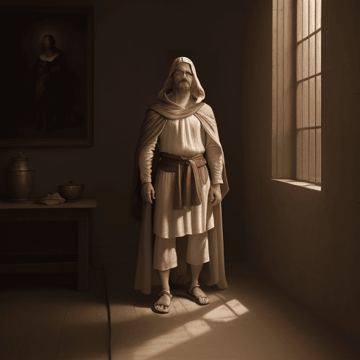 AI generated: "A man wearing a knee-length off-white linen tunic with horizontal seam at waist, draped with a simp...