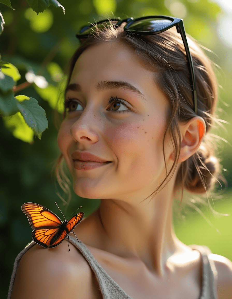 AI generated: photography of a young french woman with a butterfly lying on her shoulder, pale skin, round face, s...