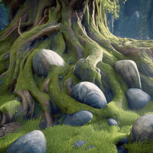 AI generated: organic roots stones and ore swirled together, highly intricate, fantasy, realistic, rendered in unr...